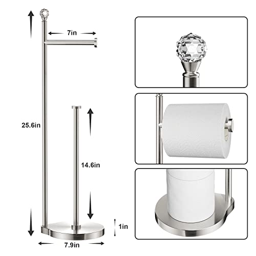 KASUNTO Toilet Paper Holder for Bathroom, Heavy Weighted Metal Free Standing Toilet Paper Storage with Crystal Ball, Toilet Paper Stand for Bathroom Accessories, Brushed Nickel [Holds MEGA Rolls] - Image 2