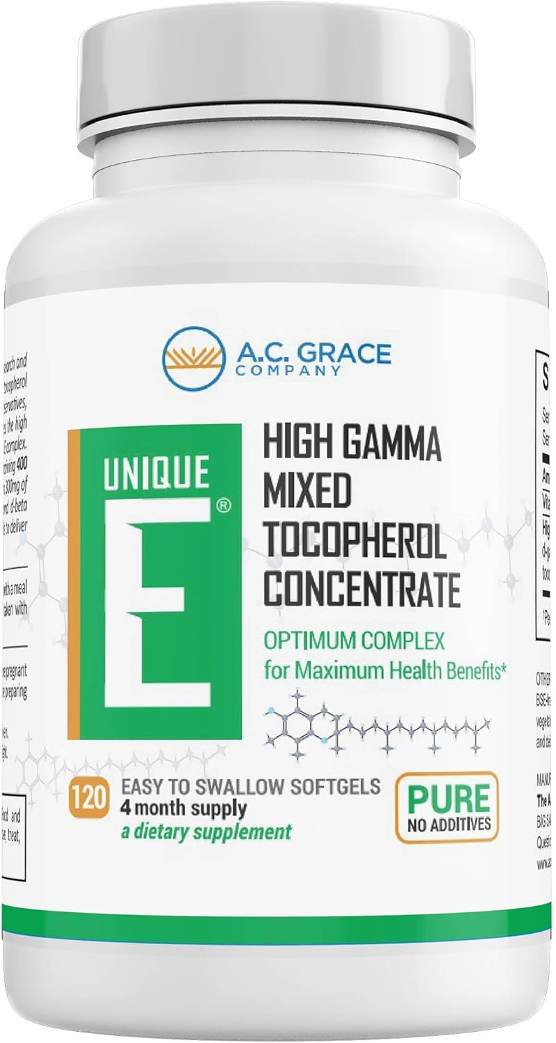 UNIQUE E AC Grace Company Mixed Tocopherols 120 Soft Gels Supports Healthy Brain Function General Health and Aging Support AllNatural Vitamin E and Kosher - Image 1