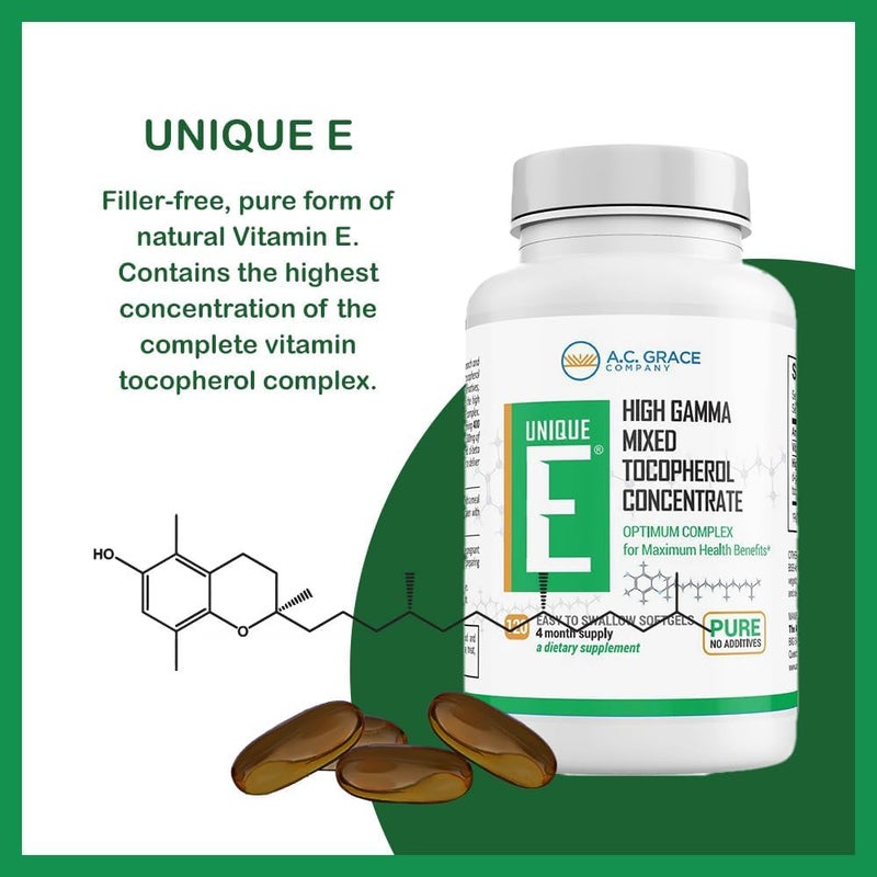 UNIQUE E AC Grace Company Mixed Tocopherols 120 Soft Gels Supports Healthy Brain Function General Health and Aging Support AllNatural Vitamin E and Kosher - Image 2