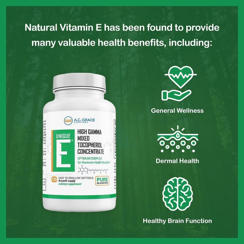 UNIQUE E AC Grace Company Mixed Tocopherols 120 Soft Gels Supports Healthy Brain Function General Health and Aging Support AllNatural Vitamin E and Kosher - Image 4
