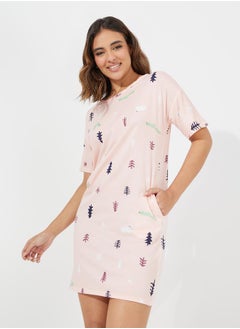 Styli Graphic Print Sleep T-Shirt Dress with Side Pocket  - Image 2