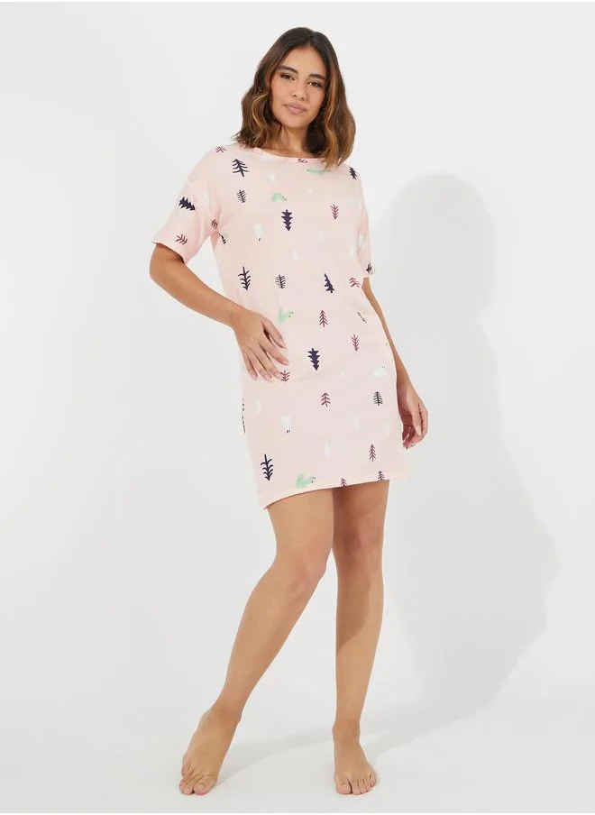 Styli Graphic Print Sleep T-Shirt Dress with Side Pocket