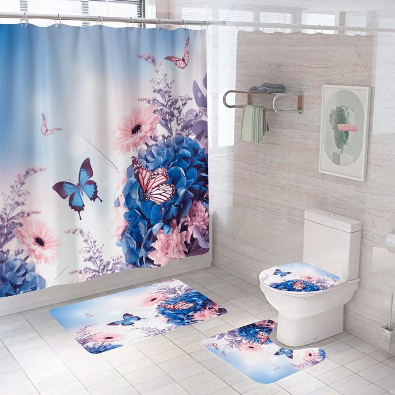 Y&D 3D Butterfly Pattern Design Cheap Cartoon Bath Shower Curtains Liner Sets With Rugs Mats for Bathroom 4pcs Set - Image 1