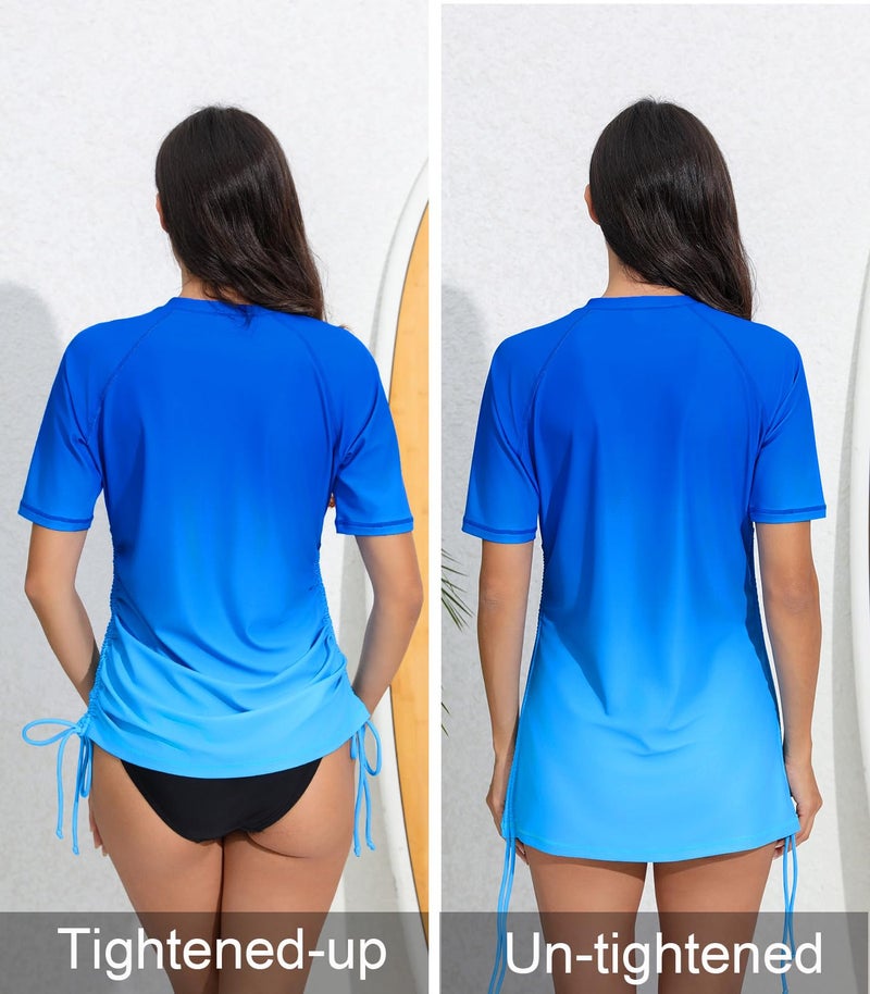 Halcurt Women's Half Zip Short Sleeve Rash Guard Swimsuit Top Ruched Swim Shirt UPF50+ Quick Dry Bathing Suit Ombre Light Blue L - Image 5