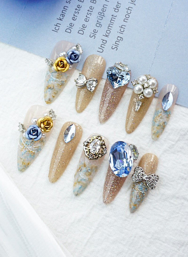 Artist Design/3D Princess Gift (Handmade)/Press On nails/Luxury Hand Painted/Long Coffin/10 PCS/M Size - Image 1