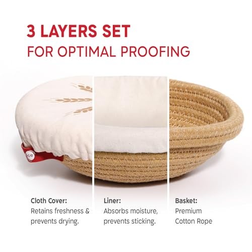 KneadAce Cotton Rope Banneton Bread Proofing Basket Set, 2 x Round Bread Basket with Liners & Covers for Artisan Bread Baking, Sourdough Bread Baking Supplies - Image 2