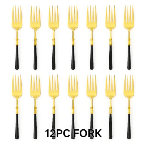 Coslifestore Eco-Friendly Biodegradable Acrylic Gold Cutlery – 12 Piece Premium Reusable Flatware for Dining, Parties & Events (Golden-Black-Fork) - Image 3