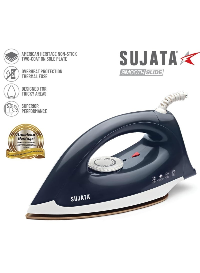 Sujata Smooth Slide 1100 Watts Dry Iron | Overheat Protection Thermal Fuse | American Heritage Double Coat Non-stick | Designed for Tricky Areas - Image 3