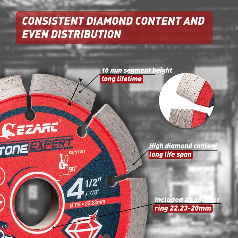 EZARC 4-1/2 inch Segmented Diamond Blade, Diamond Cutting Wheel for Angle Grinder Stone Master, 4.5" Stone Blade for Cutting Concrete Granite Masonry Brick, 7/8"-20mm-5/8 Arbor (2-Pack) - Image 3