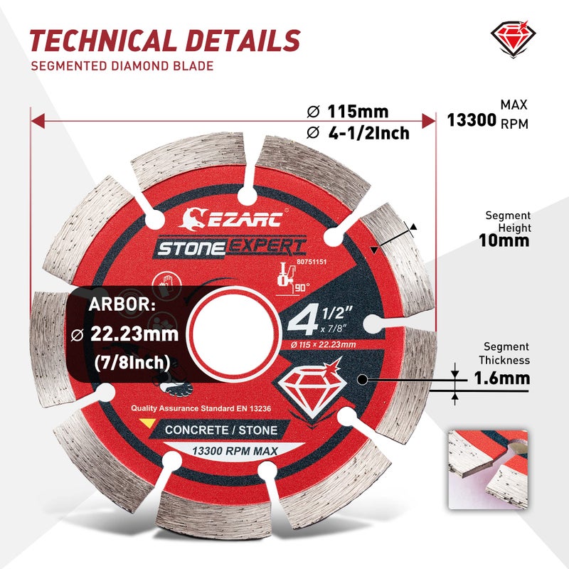 EZARC 4-1/2 inch Segmented Diamond Blade, Diamond Cutting Wheel for Angle Grinder Stone Master, 4.5" Stone Blade for Cutting Concrete Granite Masonry Brick, 7/8"-20mm-5/8 Arbor (2-Pack) - Image 4