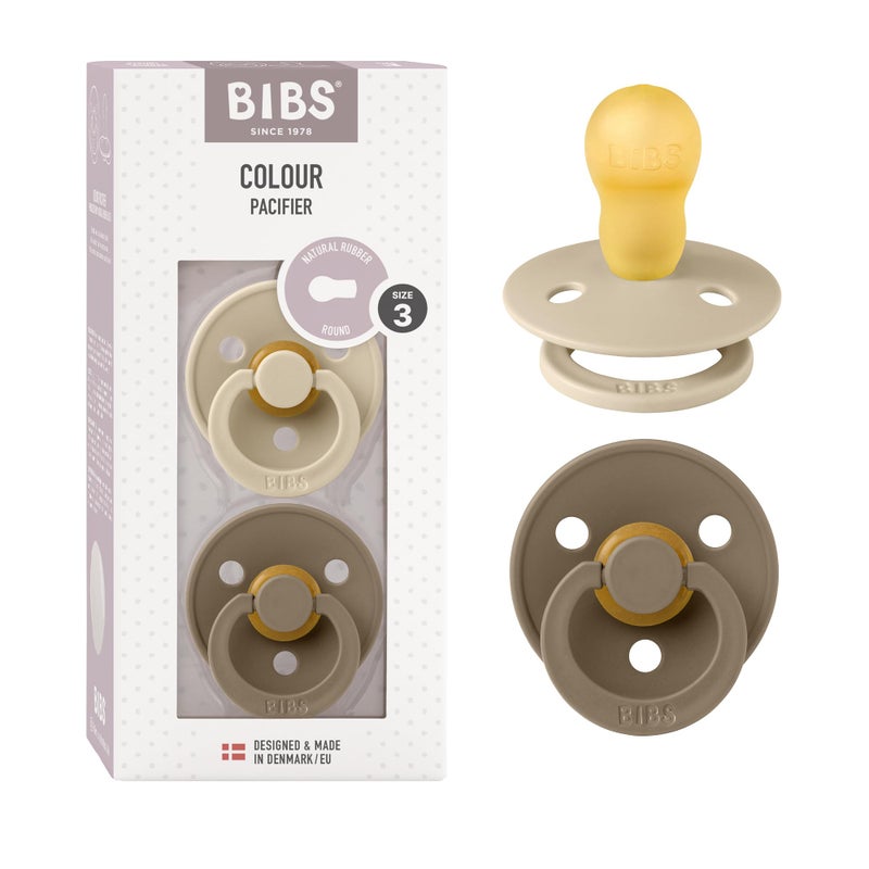 BIBS Pacifiers Colour Collection | Natural Rubber Baby Pacifier | Set of 2 BPA-Free Soothers | Made in Denmark | 18+ Months (Pack of 2) | Vanilla/Dark Oak - Image 1