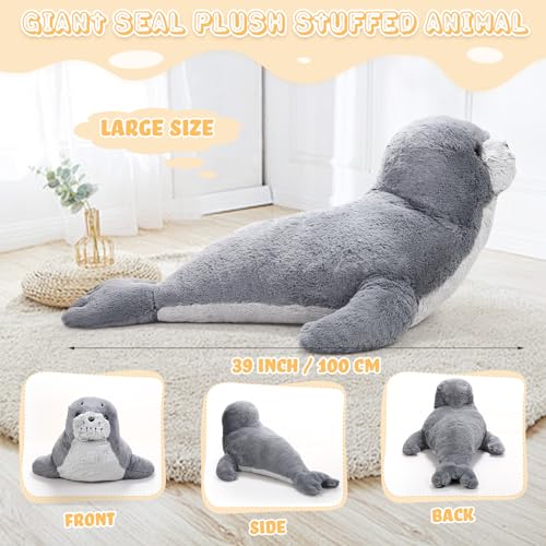 Poen ختم عملاق محشو بقطر 39 بوصة دمية ناعمة كبيرة سمينة لطيفة رمادية - Image 2