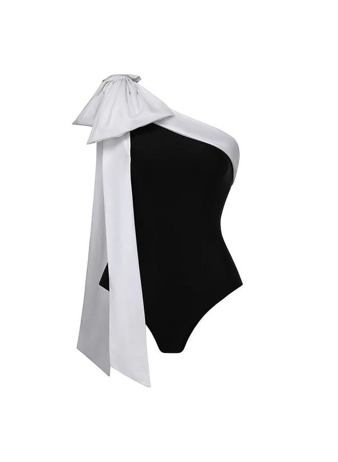 FLAXMAKER One Shoulder Black and White Big Bow Tie Color Block One Piece Vacation Beach Swimsuit and Skirt, Swimsuit and Skirt, L - Image 5