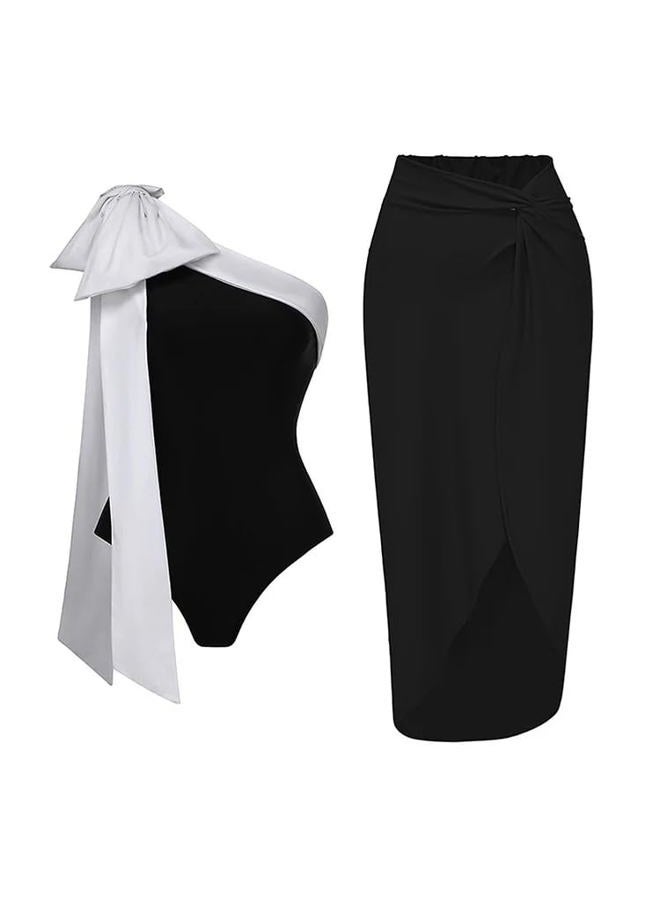 FLAXMAKER One Shoulder Black and White Big Bow Tie Color Block One Piece Vacation Beach Swimsuit and Skirt, Swimsuit and Skirt, L - Image 1