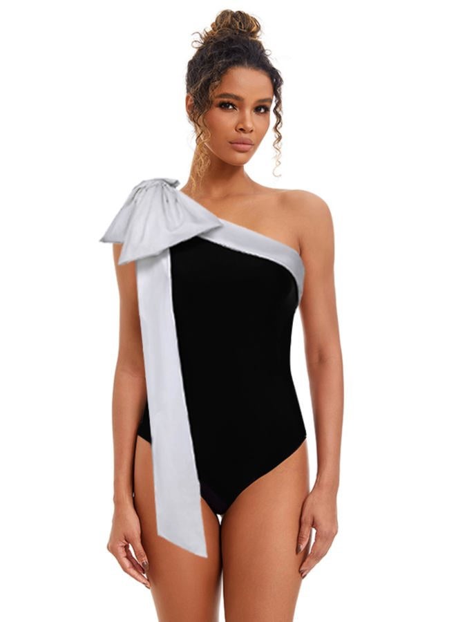 FLAXMAKER One Shoulder Black and White Big Bow Tie Color Block One Piece Vacation Beach Swimsuit and Skirt, Swimsuit and Skirt, L - Image 2