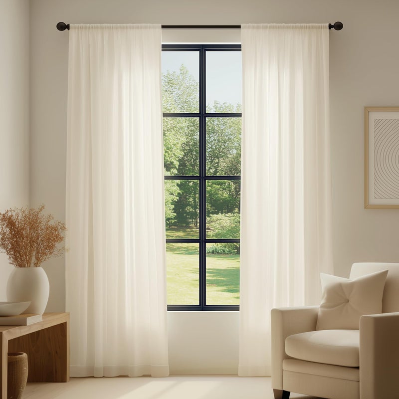 FMFUNCTEX Sheer Non-See-Through Butter Cream Curtains for Bedroom, Faux Silk That Let Light Curtains 72 inches Long Light Filtering Privacy Sheer Window Drapes for Living Room, Rod Pocket 2 Panels Set - Image 2