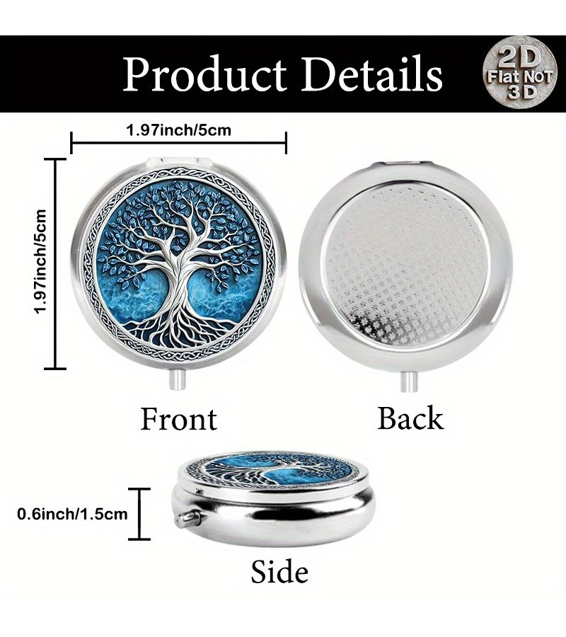 1pc 2x2inch Tree Of Life Metal Pill Box 3 Compartment Portable Medication Organizer For Puree Or Pocket With Intricate Relief Round Design - Image 2