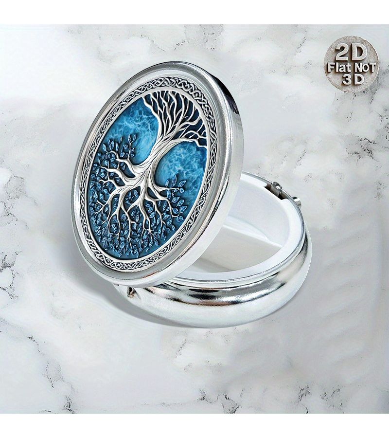 1pc 2x2inch Tree Of Life Metal Pill Box 3 Compartment Portable Medication Organizer For Puree Or Pocket With Intricate Relief Round Design - Image 5
