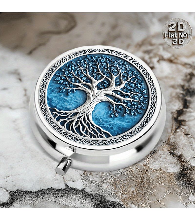 1pc 2x2inch Tree Of Life Metal Pill Box 3 Compartment Portable Medication Organizer For Puree Or Pocket With Intricate Relief Round Design - Image 1