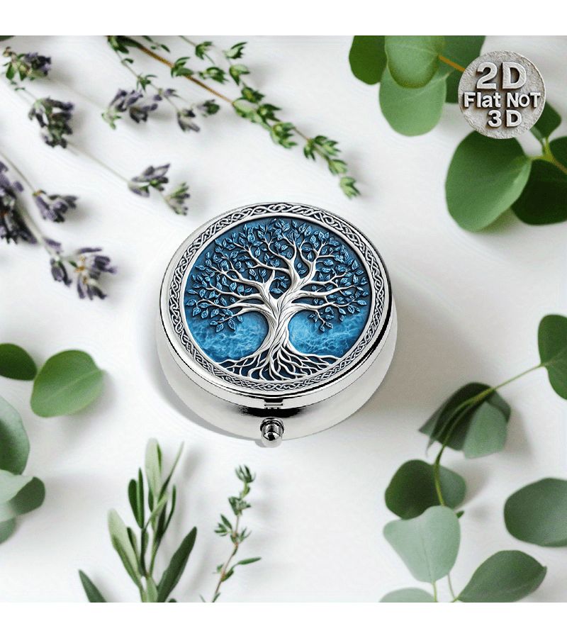 1pc 2x2inch Tree Of Life Metal Pill Box 3 Compartment Portable Medication Organizer For Puree Or Pocket With Intricate Relief Round Design - Image 4