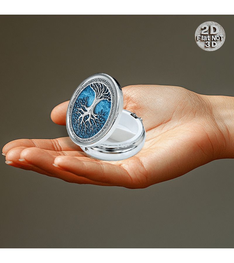 1pc 2x2inch Tree Of Life Metal Pill Box 3 Compartment Portable Medication Organizer For Puree Or Pocket With Intricate Relief Round Design - Image 3