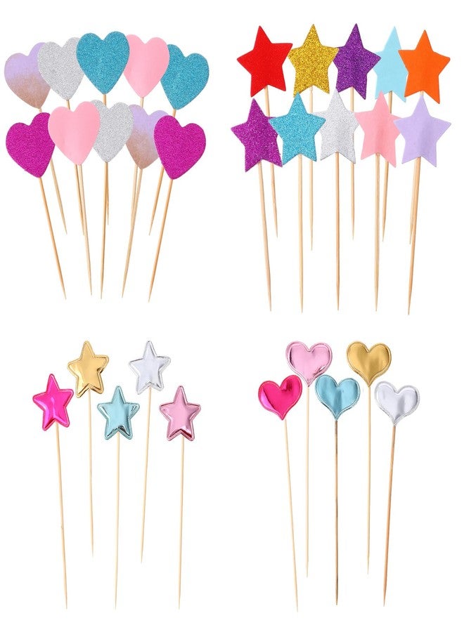 Sibba 40Pcs Glitter Star Cupcake Toppers Colorful Heart Cupcake Toppers Multicolor Cake Picks Decorations for Birthday Party, Baby Shower, Valentine Dessert Decor - Image 1
