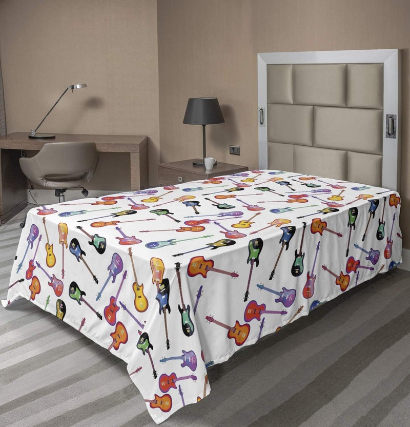 Lunarable Music Flat Sheet, Colorful Illustration of Electro Guitar Instrument Teen Hobby Talent Concept Print, Soft Comfortable Top Sheet Decorative Bedding 1 Piece, Twin Size, Yellow White
