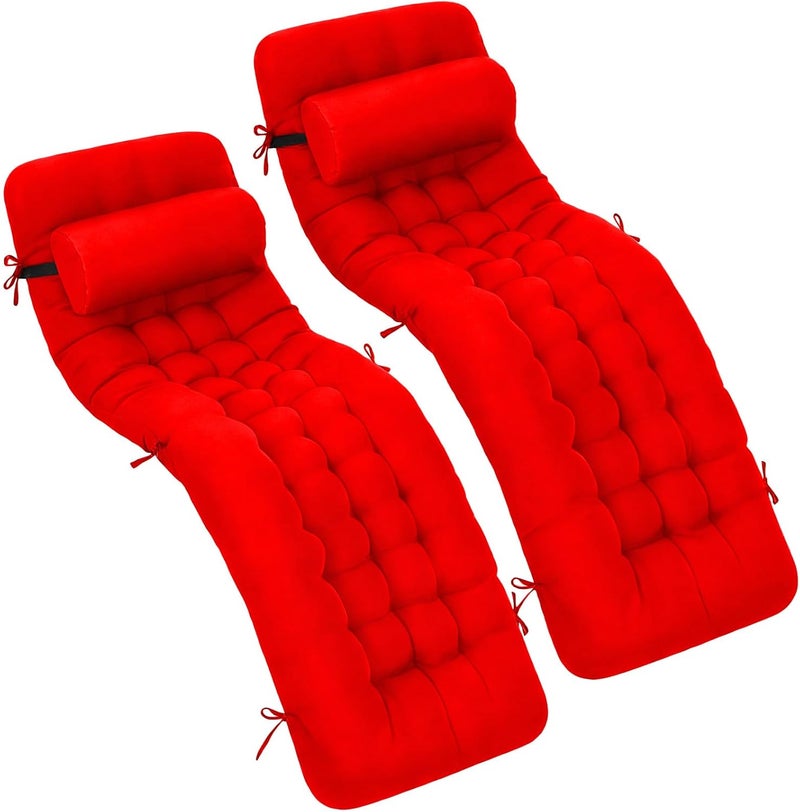 Tudomro 2 Pcs Bright Red 66'' Outdoor Chaise Lounge Cushion Waterproof Patio Lawn Pool Chaise Lounge Cushion with Headrest Pillow & Ties Weather Fade Resistant Replacement Longue Chair Pad - Image 1