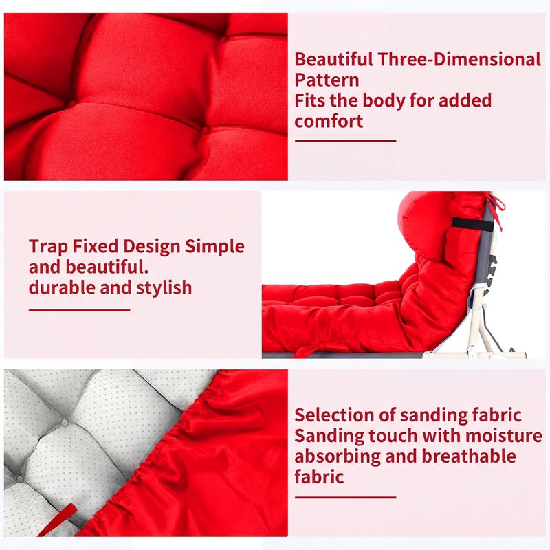 Tudomro 2 Pcs Bright Red 66'' Outdoor Chaise Lounge Cushion Waterproof Patio Lawn Pool Chaise Lounge Cushion with Headrest Pillow & Ties Weather Fade Resistant Replacement Longue Chair Pad - Image 4