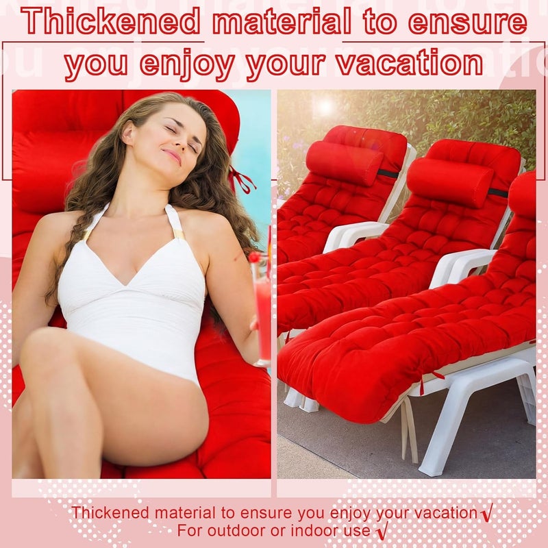 Tudomro 2 Pcs Bright Red 66'' Outdoor Chaise Lounge Cushion Waterproof Patio Lawn Pool Chaise Lounge Cushion with Headrest Pillow & Ties Weather Fade Resistant Replacement Longue Chair Pad - Image 5