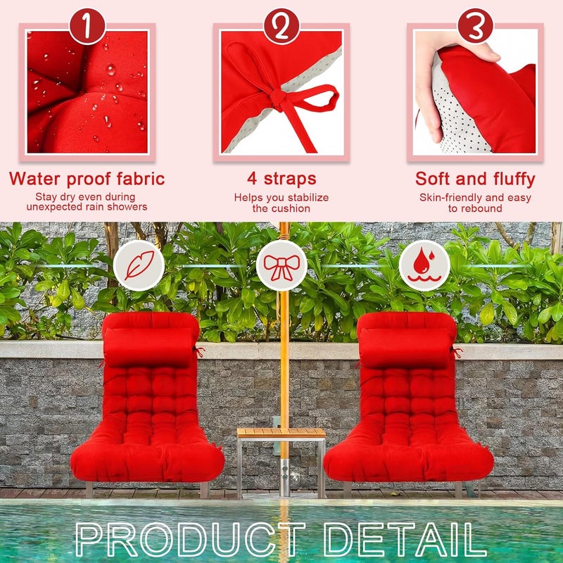 Tudomro 2 Pcs Bright Red 66'' Outdoor Chaise Lounge Cushion Waterproof Patio Lawn Pool Chaise Lounge Cushion with Headrest Pillow & Ties Weather Fade Resistant Replacement Longue Chair Pad - Image 2