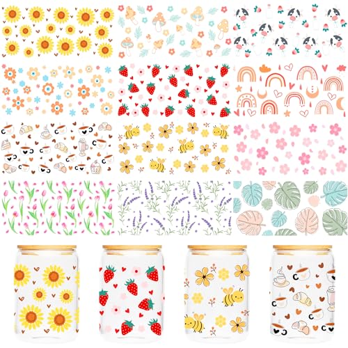 CRASHOT UV DTF Cup Wraps Transfer - 12 Sheets Boho UV DTF Sticker for 16 OZ Glass, Boho Rainbow, Daisy, Flower, Cow, Bee, Strawberry, Mushroom, Coffee Style, Gifts for Students, Tearcher, Friends - Image 1