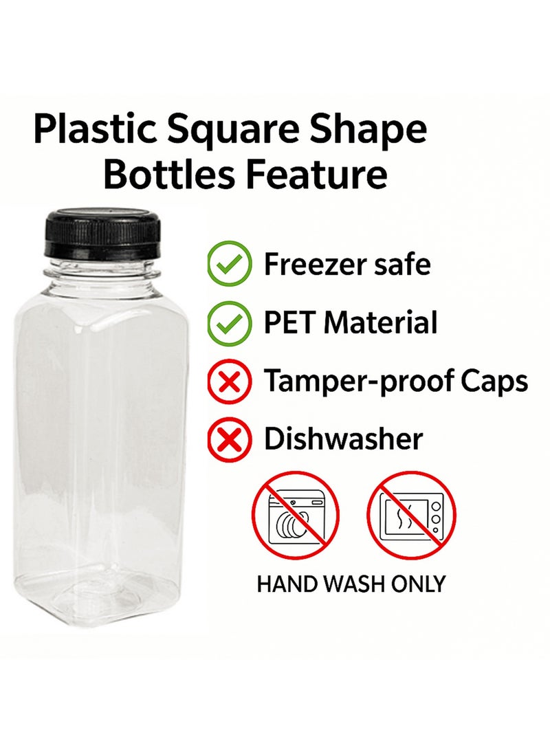 لافيش زجاجات بلاستيكية مربعة فارغة قابلة لإعادة الاستخدام، ٢٤ زجاجة، سعة ٢٠٠ مل/٦ أونصة | حاويات شفافة لحفظ العصائر والحليب والماء بأغطية سوداء | زجاجات مشروبات محمولة بحجم مناسب للسفر - Image 3