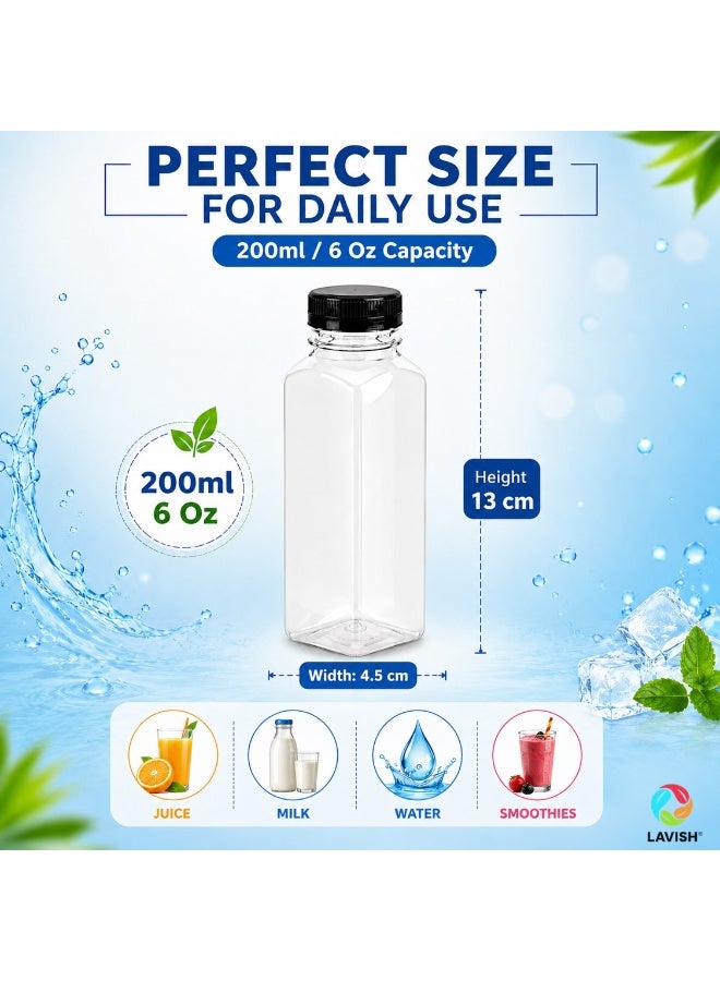 Lavish Empty Plastic Reusable Square Bottles 24Pcs 200ml/6Oz | Transparent Juice, Milk, Water Storage Containers with Black Caps | Portable Travel Size Beverage Bottles - Image 3