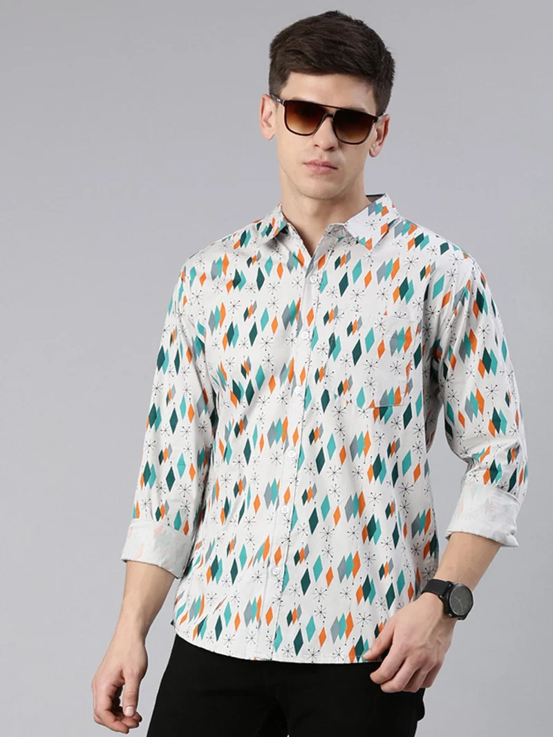 Joven Men's Grey Printed Cotton Casual Shirt