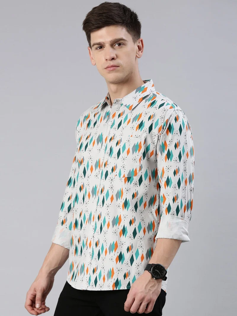 جوفن قميص رجالي قطني رمادي مطبوع كاجوال