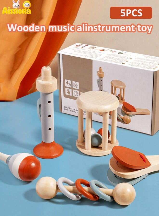 Aissiora 5 PCS Wooden rattle playset Baby hand grasping bell Early education musical instrument set Soothe the mood Educational toys for early education  - Image 1
