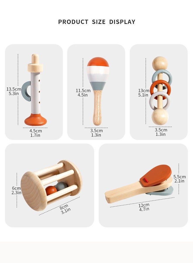 Aissiora 5 PCS Wooden rattle playset Baby hand grasping bell Early education musical instrument set Soothe the mood Educational toys for early education  - Image 2