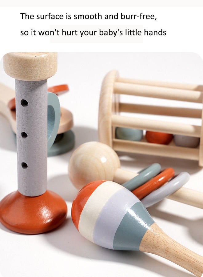 Aissiora 5 PCS Wooden rattle playset Baby hand grasping bell Early education musical instrument set Soothe the mood Educational toys for early education  - Image 3