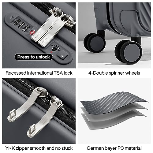 mixi Carry On Luggage Airline Approved 20'' Lightweight Luggage Wide Handle PC Hardshell Suitcases with Spinner Wheels & TSA Lock, Rock Gray - Image 5