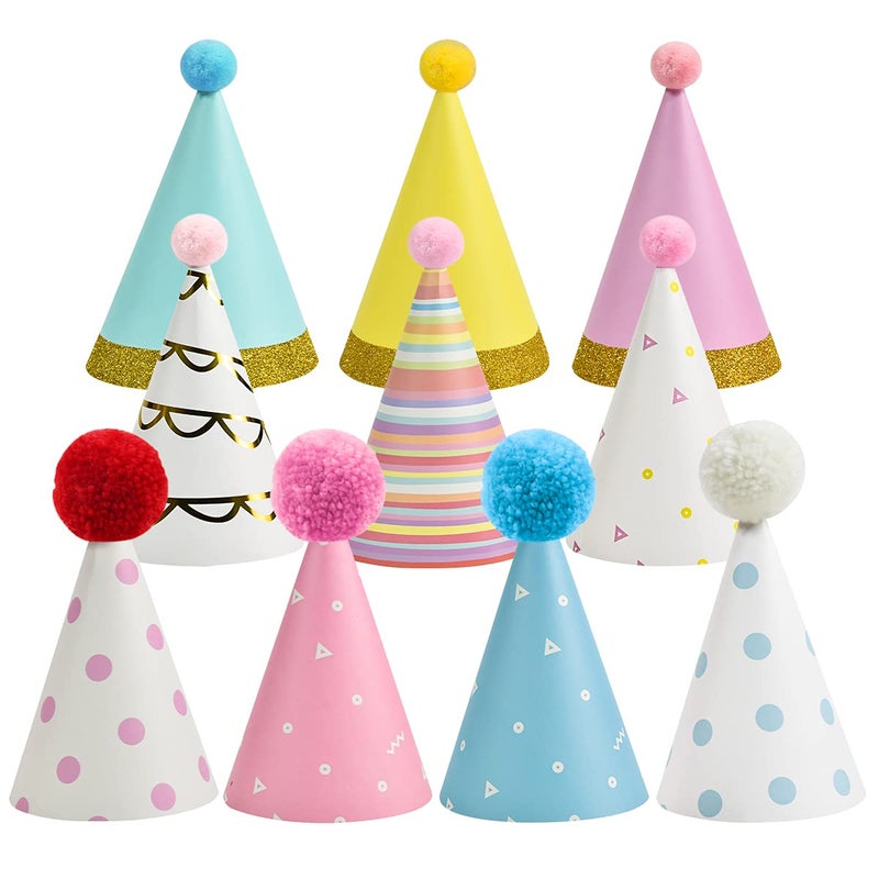 LUUFAN 10Pcs Birthday Party Cone Hats with Pom Poms, Paper Party Hats Decoration For Adults and Kids (10 Pcs) - Image 1