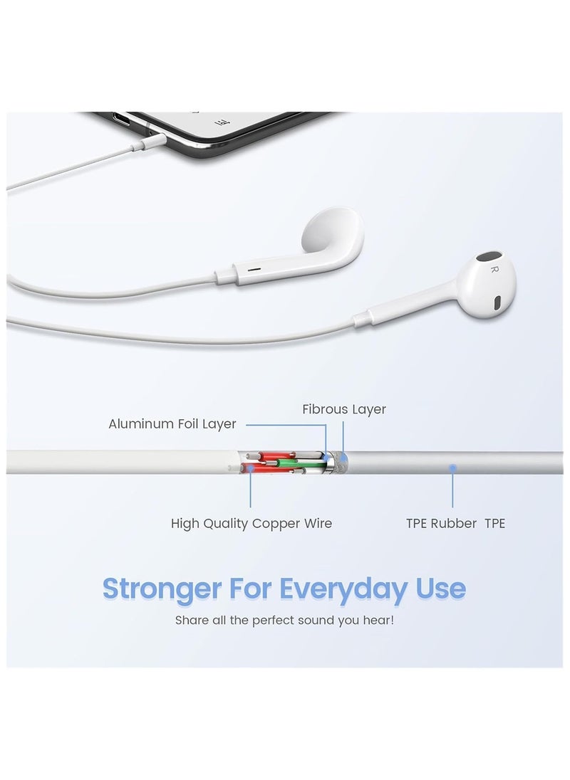 Wired Headphones for iPhones with Lightining Connector for iPhone Earbuds with Mic & Volume Control Compatible with iPhone14/13/12/11/ipad 14/13/12/11/X/8/7, Support All iOS System - White