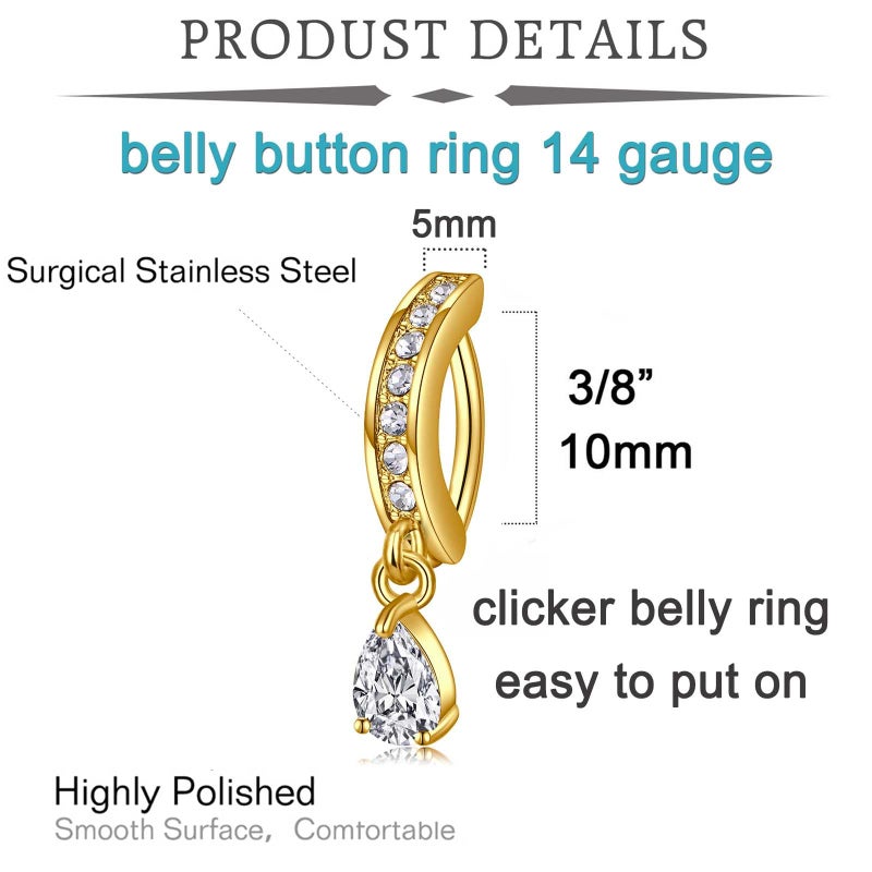 QWALIT Gold Belly Button Ring Dangle Belly Ring Clicker Belly Button Rings Hoop Surgical Steel Belly Button Piercing Belly Button Ring Hoop Hinged Belly Rings for Women - Image 2