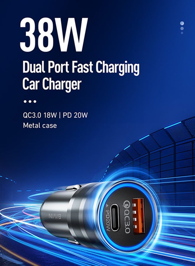 Bavin PD 20W + QC 18W Car Charger Fast Charging Dual USB Car Plug Adapter Car Charger Type C Compatible with iPhone 15 Pro Max/15 Pro/15/14/13 Pro Max/12/11, iPad Pro/mini6, Samsung S23/S22, Huawei Etc.  - Image 1