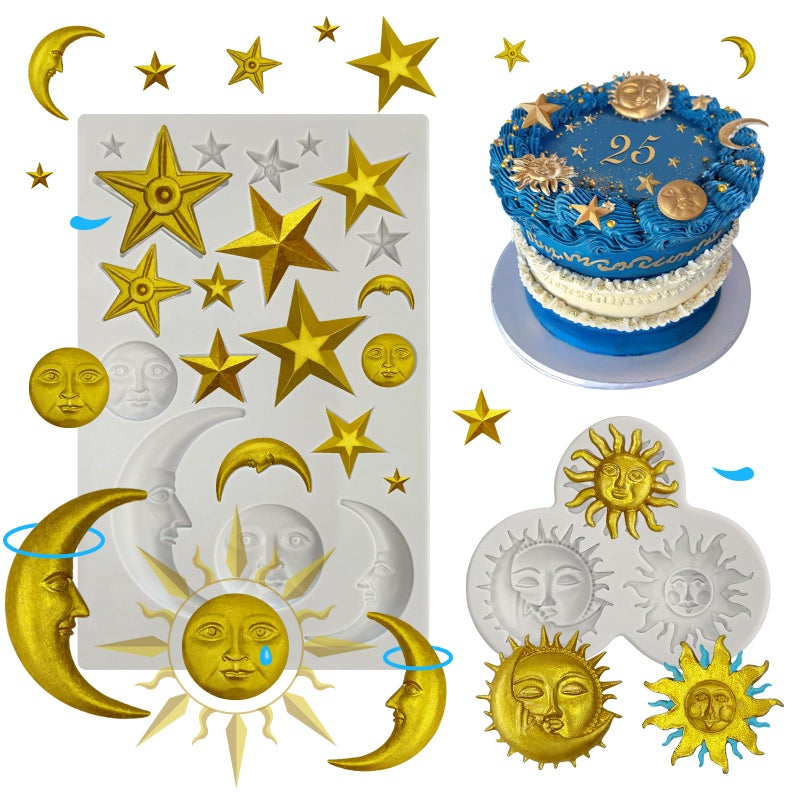 Roxjaejae 2 Pcs Sun Face Moon Star Silicone Molds Star Fondant Cake Molds Candy Polymer Clay Mold Silicone Moon Chocolate Mold for Cake Decorating, Cupcake, Clay, DIY Crafts, Fondant - Image 1