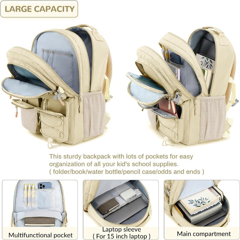 Lohol Water Resistant Backpack with Mulitiple Pockets for Travel Outdoor College, 15.6 inch Laptop Bookbag for Girl and Women (Beige) - Image 4