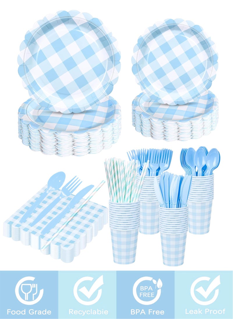 HomarKet 200 Pcs Disposable Paper Plates and Napkins,25 Guest Party Supplies Dinnerware Set Include Scalloped Paper Plates Napkin Cup Straw Plastic Spoon Fork Knive for Party,Wedding,Birthday (Blue) - Image 4