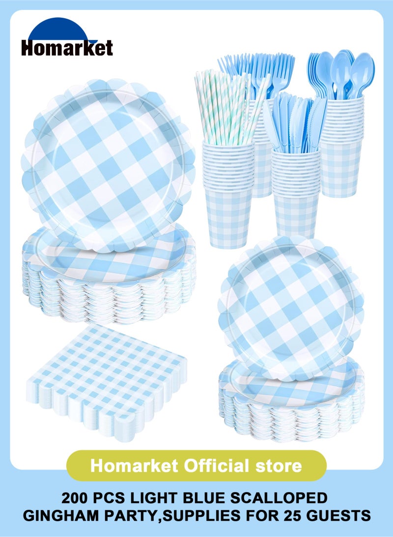 HomarKet 200 Pcs Disposable Paper Plates and Napkins,25 Guest Party Supplies Dinnerware Set Include Scalloped Paper Plates Napkin Cup Straw Plastic Spoon Fork Knive for Party,Wedding,Birthday (Blue) - Image 1