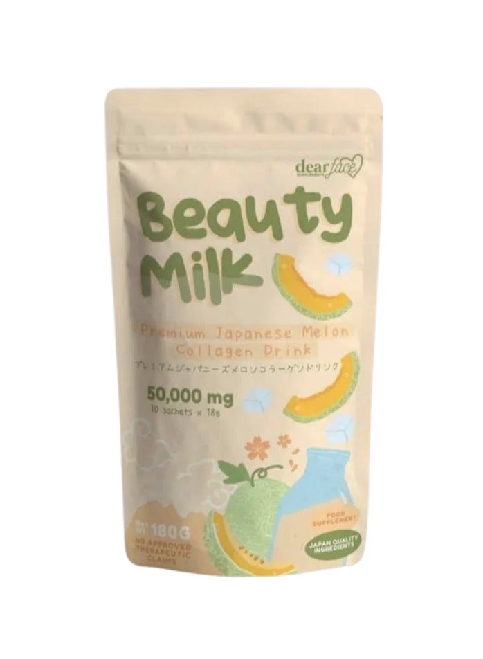 Dear Face Beauty Milk Melon Collagen Drink – 50,000mg Marine Collagen + Glutathione + Ceramides – 10 Sachets x 18g - Image 1