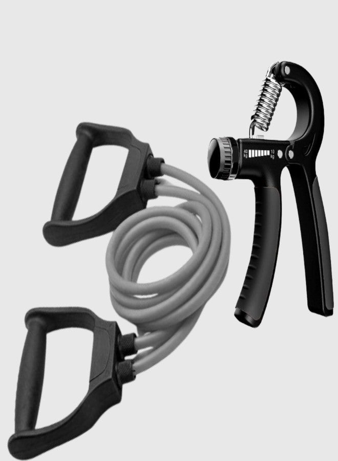 COOL INDIANS Hand Gripper Adjustable with Built-in Repetition + Heavy Resistance Exercise Tube with Handles - Strength Training Combo for Arm, Chest, Back, Shoulders & Grip Strength - Home Gym Kit for Men & Women (Black) - Image 1